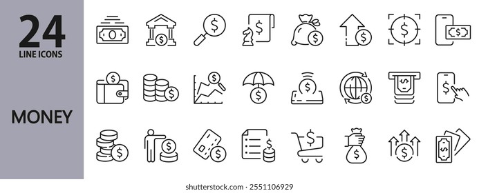Ícones de linha de dinheiro definidos com Caixa, Pagamento, Moeda, Finanças, Banco, Dólar, Crédito, Investimento, Lucro e muito mais. Traço editável