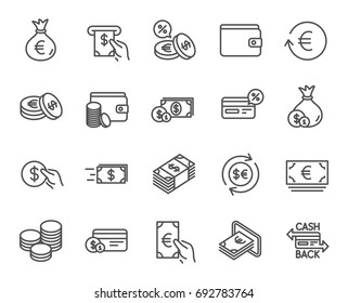 Money line icons. Set of Credit card, Cash and Coins signs. Banking, Currency exchange and Cashback service. Wallet, Euro and Dollar symbols. Quality design elements. Editable stroke. Vector