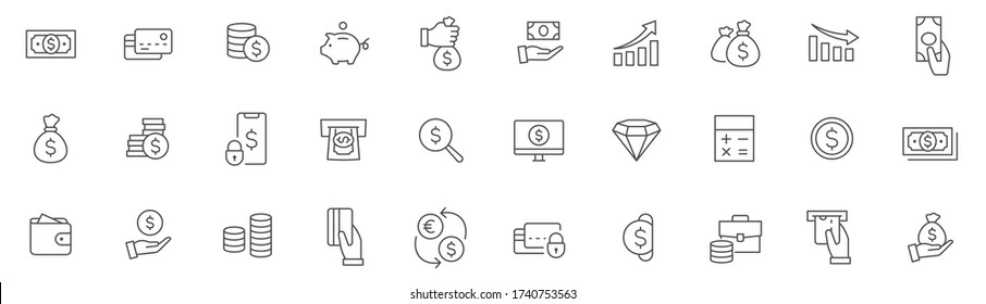 Money line icons set. Finance thin simple icons. Editable Stroke. Hand with a coin, moneybag and dollar. Contains - ATM, Piggy bank, Credit card, Coin, Wallet, Diagram and more - stock vector.