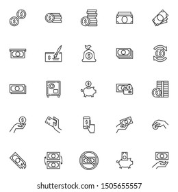 Money line icons set. linear style symbols collection, outline signs pack. vector graphics. Set includes icons as Dollar coins, money bill, payment credit card, cash, bank cheque, currency exchange