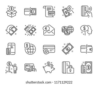 Money Line Icons. Set Of Update Credit Card, Contactless Pay And Piggy Bank Linear Icons. Online Payment, Dollar Exchange And Fast Money Send Symbols. Private Pay, Blocked Credit Card. Vector