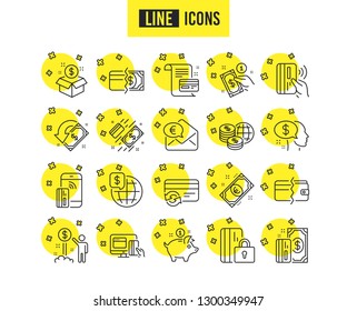 Money line icons. Set of Update credit card, Contactless pay and Piggy bank linear icons. Online payment, Dollar exchange and Fast money send symbols. Private pay, Blocked credit card and Wallet