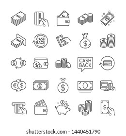 Money line icons. Set of Wallet, Banking and Coins icons. Credit card, Currency exchange and Cashback money service. Euro and Dollar, Cash wallet, exchange. Banking credit card, atm payment. Vector