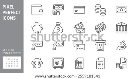 Money line icons. Vector illustration include icon - currency exchange, payment, withdraw, wallet, credit card, invoice, receipt outline pictogram for banking. 64x64 Pixel Perfect, Editable Stroke.

