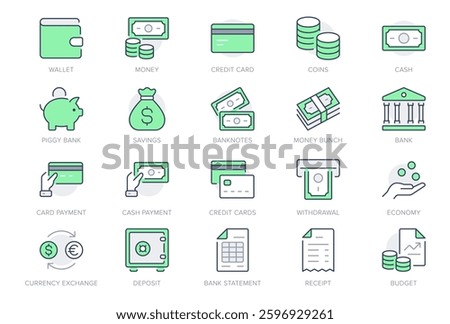Money line icons. Vector illustration include icon - currency exchange, payment, withdraw, wallet, credit card, invoice, receipt outline pictogram for banking. Green Color, Editable Stroke.