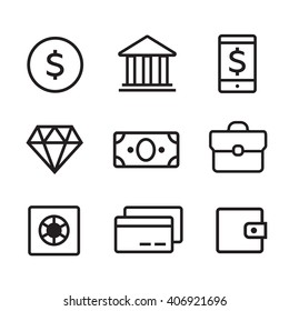 Money line vector icons set. Money finance, credit card bank, commerce currency coin, cash money