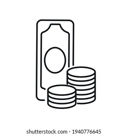 Icono lineal del dinero. Negocios y finanzas. Monedas y billetes. Ilustración personalizable de línea delgada. Símbolo de contorno. Dibujo de contorno aislado del vector. Trazo editable