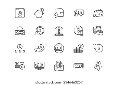 Juego de iconos de líneas de dinero. Ahorro de géneros y atributos de Dinero. Diseño lineal. Líneas con trazo editable. Iconos vectoriales aislados.