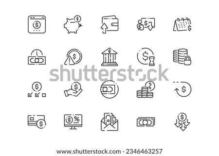 Money lines icon set. Saving Money genres and attributes. Linear design. Lines with editable stroke. Isolated vector icons.