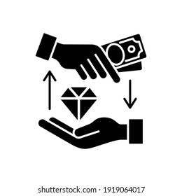 Money loan black glyph icon. Borrowing cash. Financial aid. Lending money at interest. Receiving funds secured by real property. Silhouette symbol on white space. Vector isolated illustration