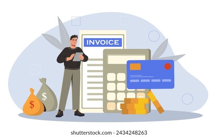 Money loan contract concept. Man with digital tablet near bags with money and golde coins. Young guy with calculator and banking cards. Accounting and budgeting. Cartoon flat vector illustration