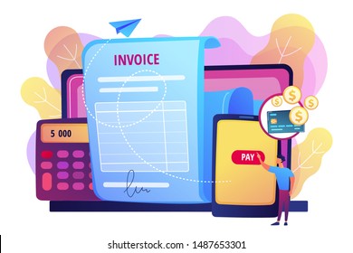 Money loan contract, e payment application, finances management. Payment terms, convenient contract payments, invoice payment terms concept. Bright vibrant violet vector isolated illustration