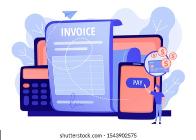 Money loan contract, e payment application, finances management. Payment terms, convenient contract payments, invoice payment terms concept. Pink coral blue vector isolated illustration