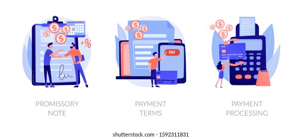 Money loan contract, exchange bill, online banking service, cash withdrawal icons set. Promissory note, payment terms, payment processing metaphors. Vector isolated concept metaphor illustrations