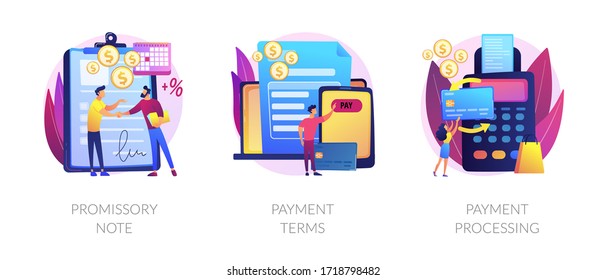 Money loan contract, exchange bill, online banking service, cash withdrawal icons set. Promissory note, payment terms, payment processing metaphors. Vector isolated concept metaphor illustrations