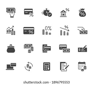 Money loan flat icon set. Credit score, low interest, discount card, mortgage percent, tax black minimal silhouette vector illustration. Simple glyph signs for bank application.