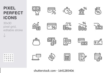 Money loan line icon set. Credit score, low interest, discount card, mortgage percent, tax minimal vector illustration. Simple outline signs for bank application. 30x30 Pixel Perfect Editable Strokes.