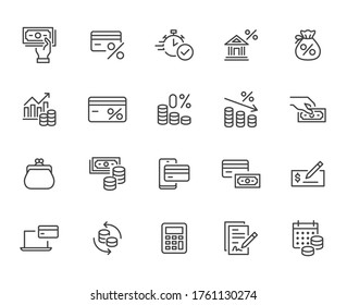 Money loan line icon set. Credit score, low interest, discount card, mortgage percent, tax minimal vector illustration. Simple outline signs for bank application. Pixel Perfect, Editable Strokes.