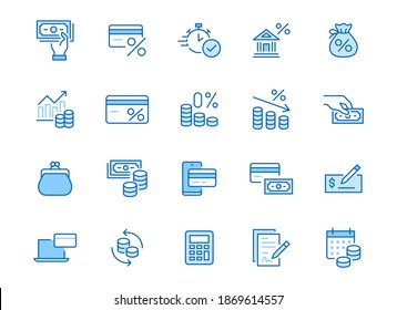 Money loan line icon set. Credit score, low interest, discount card, mortgage percent, tax minimal vector illustration. Simple outline signs for bank application. Blue color, Editable Stroke.