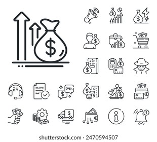 Money loan sign. Cash money, loan and mortgage outline icons. Budget profit line icon. Cash profit symbol. Budget line sign. Credit card, crypto wallet icon. Inflation, job salary. Vector