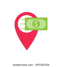 Icono de Localización de Dinero Diseño vectorial. Icono de dinero en efectivo con concepto de diseño de Pin de ubicación para el sitio web de Banca, Finanzas, Moneda y Comercio de Inversiones, símbolo, icono, signo, plantilla de interfaz de usuario de la aplicación.