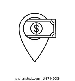 Icono de Localización de Dinero Diseño vectorial. Icono de dinero en efectivo con concepto de diseño de Pin de ubicación para el sitio web de Banca, Finanzas, Moneda y Comercio de Inversiones, símbolo, icono, signo, plantilla de interfaz de usuario de la aplicación.