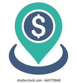 Money Location icon. Vector style is bicolor flat iconic symbol with rounded angles, cobalt and cyan colors, white background.