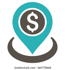 Money Location icon. Vector style is bicolor flat iconic symbol with rounded angles, grey and cyan colors, white background.