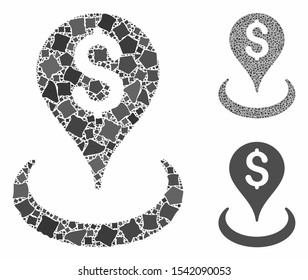 Money location mosaic of humpy items in variable sizes and shades, based on money location icon. Vector ragged items are united into mosaic. Money location icons collage with dotted pattern.