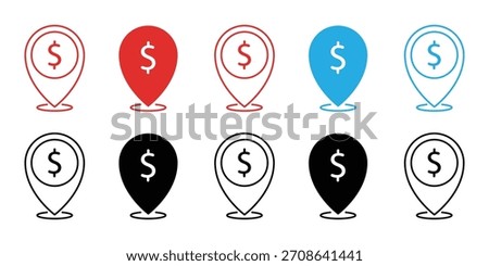 Money Location Pin Icon Vector Set. Dollar Currency Map Pointer Symbol for Finance, ATM, Bank Branch, and Business Address.