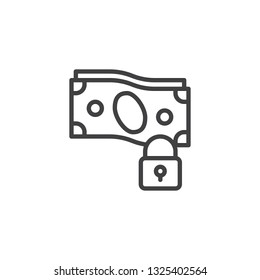 Money and lock line icon. linear style sign for mobile concept and web design. Security padlock and dollar bill outline vector icon. Saving money symbol, logo illustration. Pixel perfect vector 