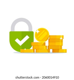 Money lock as security safety protected bill vector or cash capital savings locked and insured from loss flat cartoon illustration isolated on white