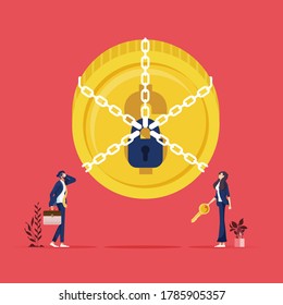 Money Are Lock-Business People With Key To Unlock Dollar Sign With Chain, Business Concept Illustration