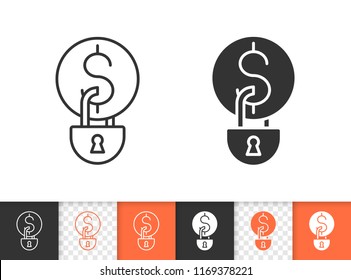 Money Locked black linear and silhouette icons. Thin line sign of coin padlock. Finance Blocked outline pictogram isolated on white, transparent. Vector Icon shape. Money Locked simple symbol closeup