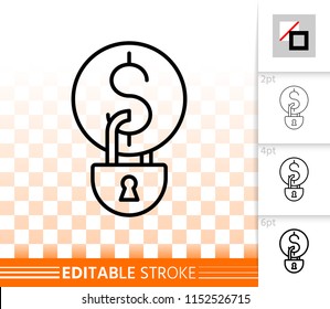 Money locked thin line icon. Outline sign of coin padlock. Finance blocked linear pictogram with different stroke width. Simple transparent vector symbol Money locked editable stroke icon without fill