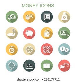 Money Long Shadow Icons, Flat Vector Symbols