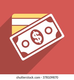 Money long shadow vector icon. Style is a flat light symbol with rounded angles on a red square background.