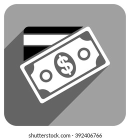 Money long shadow vector icon. Style is a flat money iconic symbol on a gray square background.