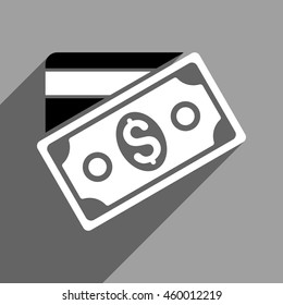 Money long shadow vector icon. Style is a flat money black and white iconic symbol on a gray square background.