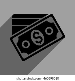 Money long shadow vector icon. Style is a flat money black iconic symbol on a gray square background with longshadow.