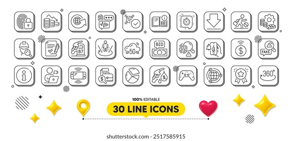 Money loss, Augmented reality and Accounting report line icons pack. 3d design elements. Money, Ranking star, Video conference web icon. Inspect, Vaccine announcement, Game console pictogram. Vector