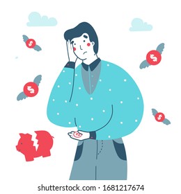 Money loss bankruptcy man. Concept business vector flat illustration.