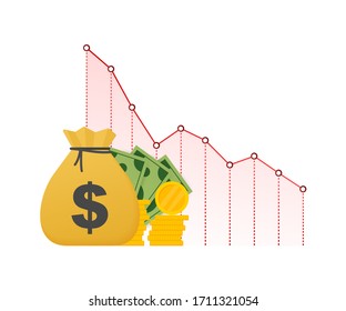 Money loss. Cash with down arrow stocks graph, concept of financial crisis, market fall, bankruptcy. Vector stock illustration svg