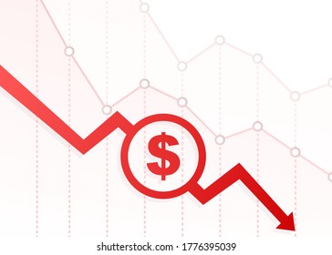 Money loss. Cash with down arrow stocks graph, concept of financial crisis, market fall, bankruptcy. Vector stock illustration.