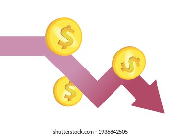 Money loss coins with down arrow stocks graph. Concept of financial crisis, market fall bankruptcy or budget recession. Investment expenses and bad economy reduction. Flat vector illustration.