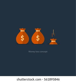 Money loss concept, falling sack in hole, financial expenses, budget planning, fund downfall vector illustration