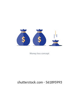 Money loss concept, falling sack in hole, financial expenses, budget planning, fund downfall vector illustration