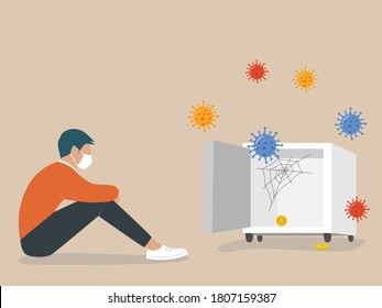 Money loss in Coronavirus COVID-19 crisis, entrepreneur or company cannot pay for debt and bankruptcy concept, poor depressed businessmen sit with empty safe-deposit box and virus pathogens.
