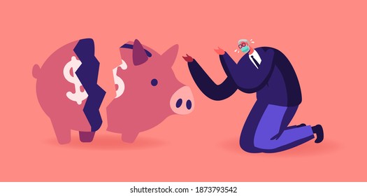 Money Loss At Covid Pandemiс Concept. Senior Business Man Character In Mask Crying Near Broken Piggy Bank. Financial Crisis, Investment Decline. Pandemic Finance Problems. Cartoon Vector Illustration