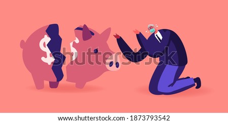 Money Loss at Covid Pandemiс Concept. Senior Business Man Character in Mask Crying near Broken Piggy Bank. Financial Crisis, Investment Decline. Pandemic Finance Problems. Cartoon Vector Illustration